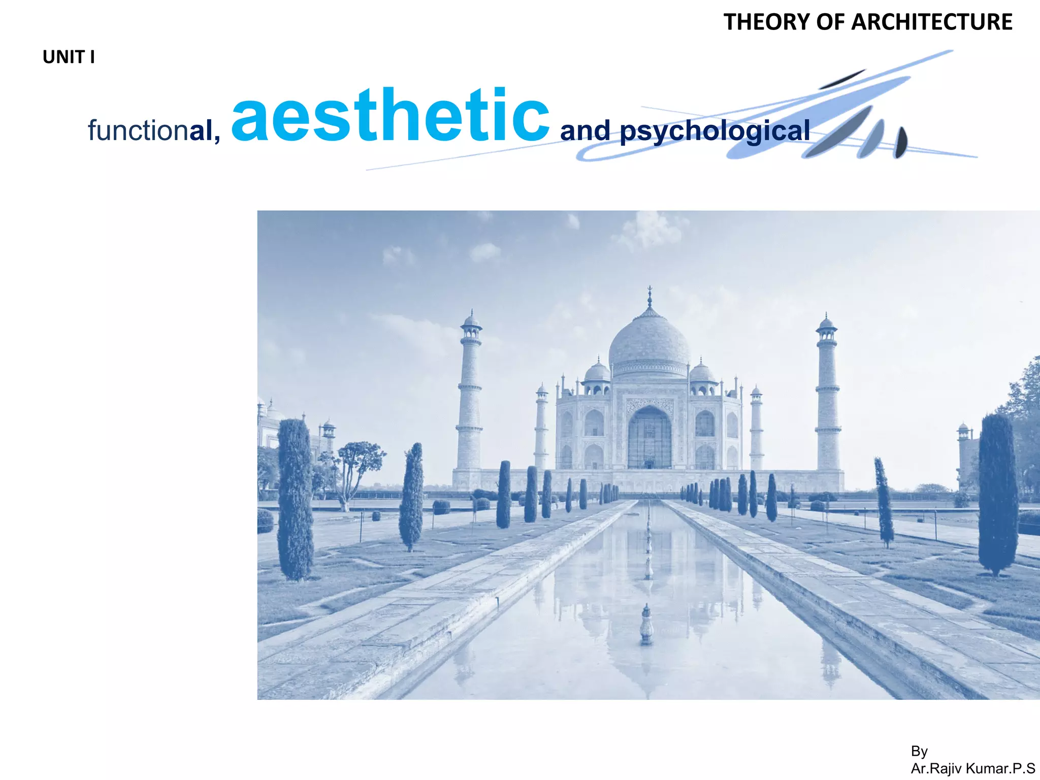 By
Ar.Rajiv Kumar.P.S
THEORY OF ARCHITECTURE
UNIT I
functional, aestheticand psychological
 