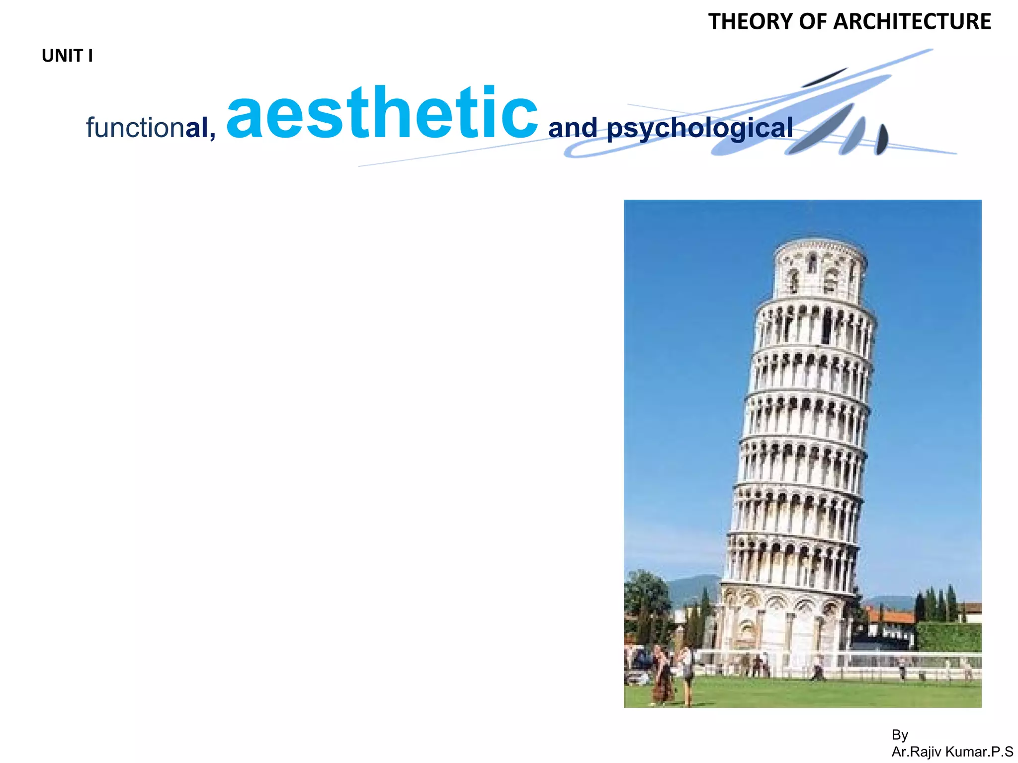 By
Ar.Rajiv Kumar.P.S
THEORY OF ARCHITECTURE
UNIT I
functional, aestheticand psychological
 