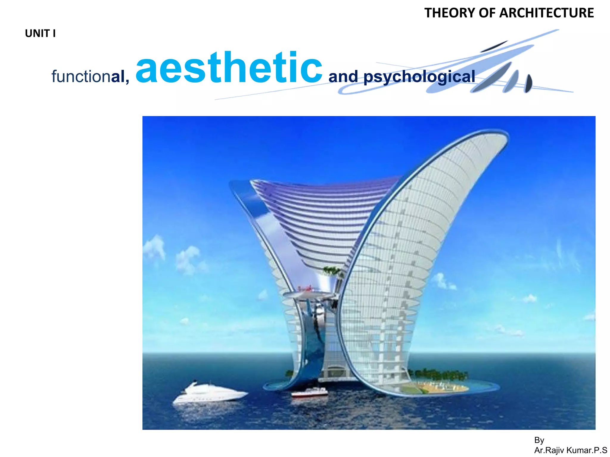 By
Ar.Rajiv Kumar.P.S
THEORY OF ARCHITECTURE
UNIT I
functional, aestheticand psychological
 