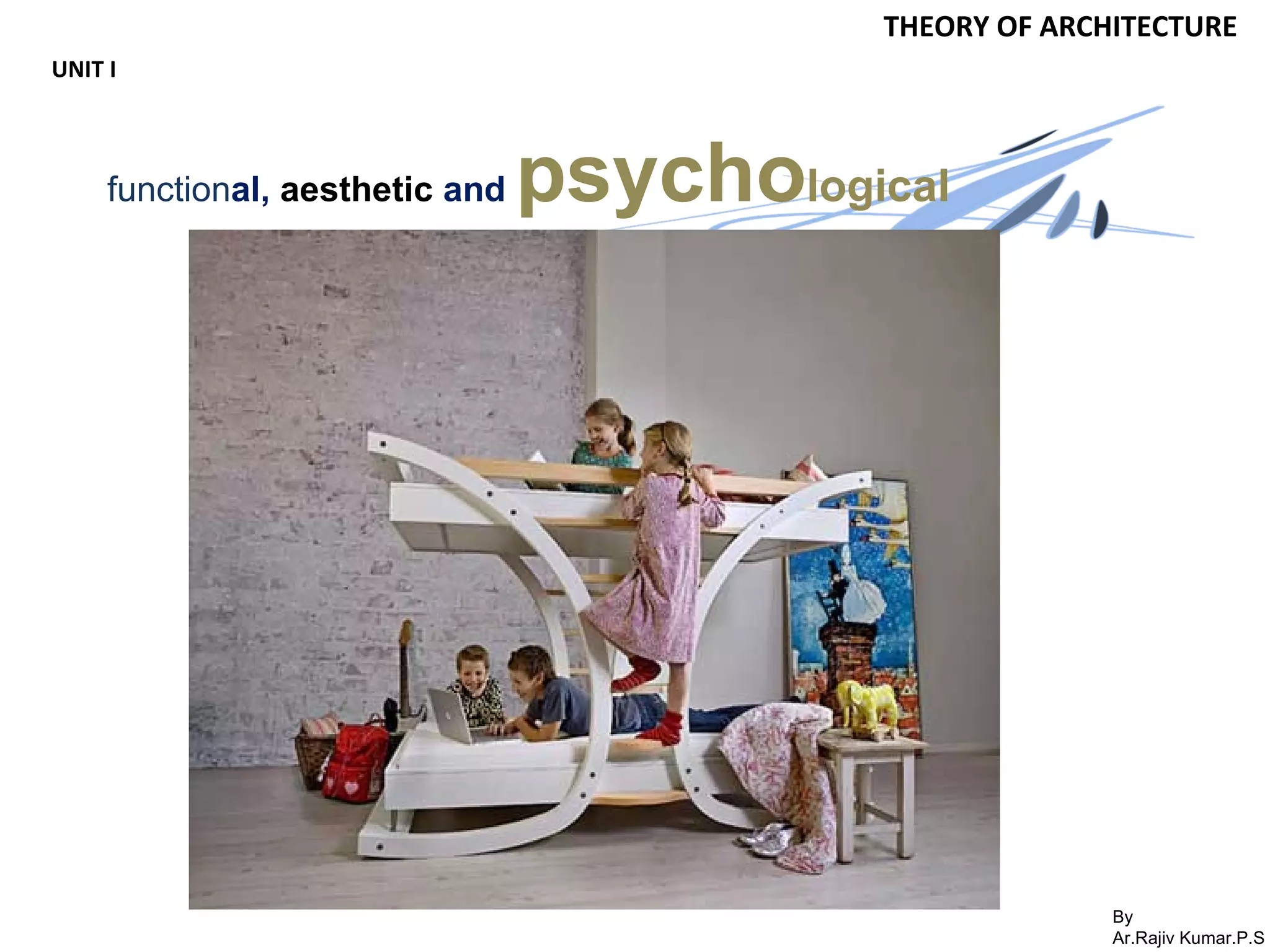 By
Ar.Rajiv Kumar.P.S
THEORY OF ARCHITECTURE
UNIT I
functional, aesthetic and psychological
 