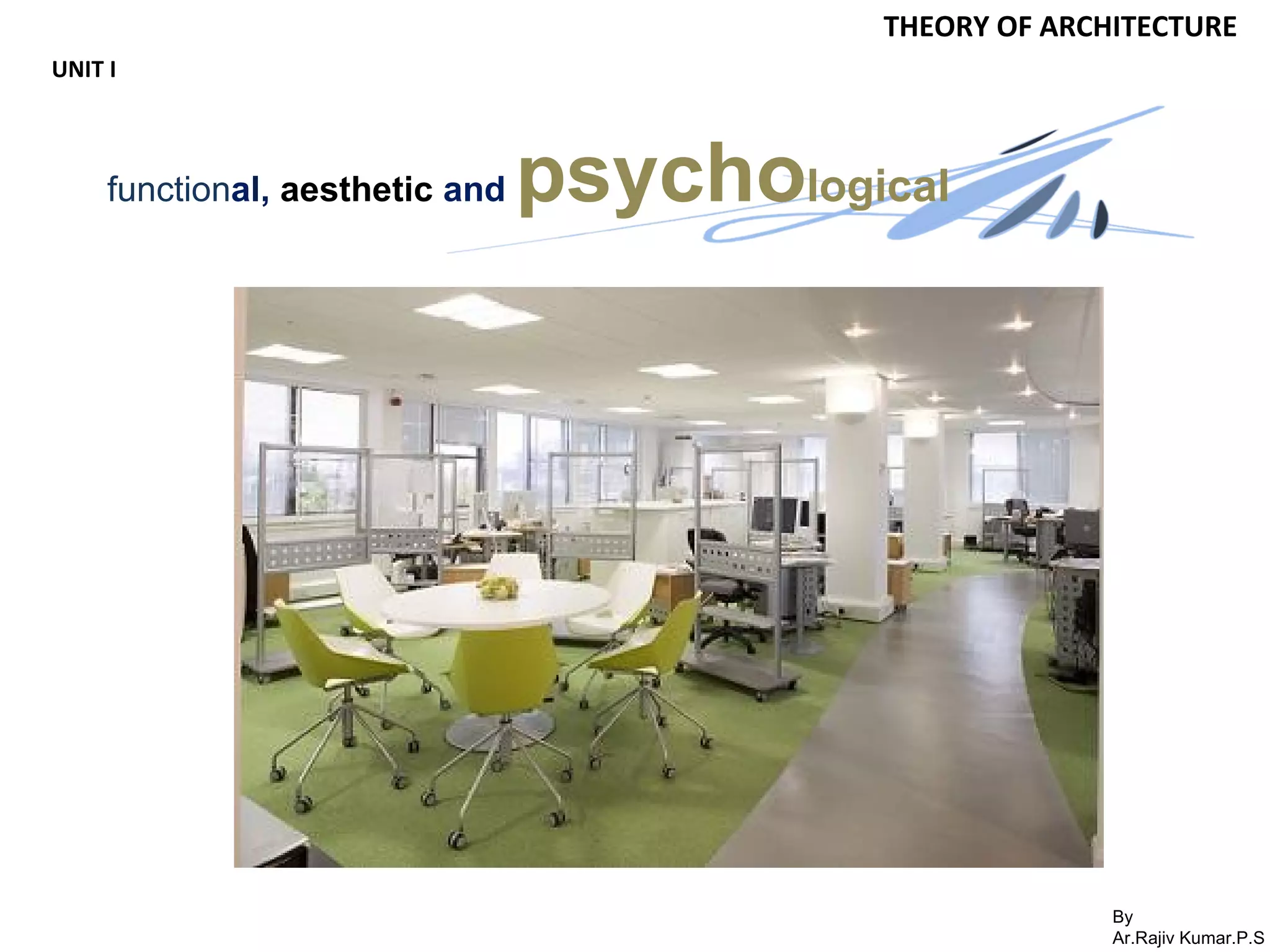 By
Ar.Rajiv Kumar.P.S
THEORY OF ARCHITECTURE
UNIT I
functional, aesthetic and psychological
 