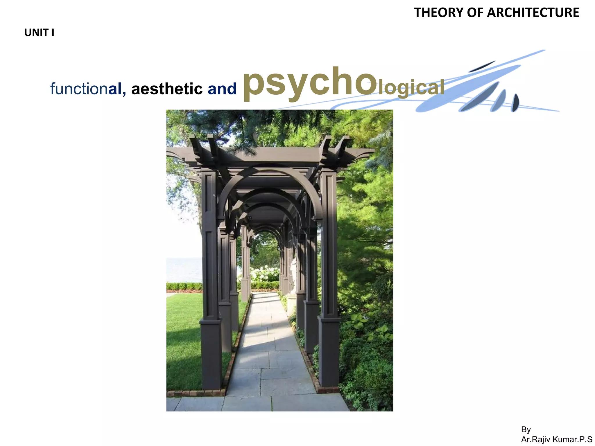 By
Ar.Rajiv Kumar.P.S
THEORY OF ARCHITECTURE
UNIT I
functional, aesthetic and psychological
 
