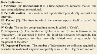 Basic Definitions
I. Vibration (or Oscillation): It is a time-dependent, repeated motion that
may be translational or rotational.
II. Periodic motion: It is a motion that repeats itself periodically in equal time
intervals.
III. Period (T): The time in which the motion repeats itself is called the
‘Period’.
IV. Cycle: The motion completed in a period is called a ‘Cycle’.
V. Frequency (f): The number of cycles in a unit of time is known as the
‘frequency’. It is expressed in Hertz (Hz) in SI Units (cycles per second). The
period and frequency are thus inversely related, one being simply the
reciprocal of the other.
VI. Degree of Freedom: The number of independent co-ordinates required to
describe the motion of a system completely is called the ‘Degree of Freedom
 