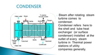 Steam after rotating steam
turbine comes to
condenser.
Condenser refers here to
the shell and tube heat
exchanger (or surface
condenser) installed at the
outlet of every steam
turbine in Thermal power
stations of utility
companies generally.
 