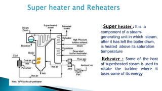 Super heater : It is a
component of a steam-
generating unit in which steam,
after it has left the boiler drum,
is heated above its saturation
temperature
Reheater : Some of the heat
of superheated steam is used to
rotate the turbine where it
loses some of its energy
 