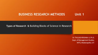 BUSINESS RESEARCH METHODS Unit 1
Types of Research & Building Blocks of Science in Research
Dr. THULASI KRISHNA. K, Ph.D.
Dept. of Management Studies,
MITS, Madanapalle, A.P.
 