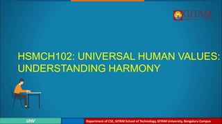 HSMCH102: UNIVERSAL HUMAN VALUES:
UNDERSTANDING HARMONY
Department of CSE, GITAM School of Technology, GITAM University, Bengaluru Campus
 