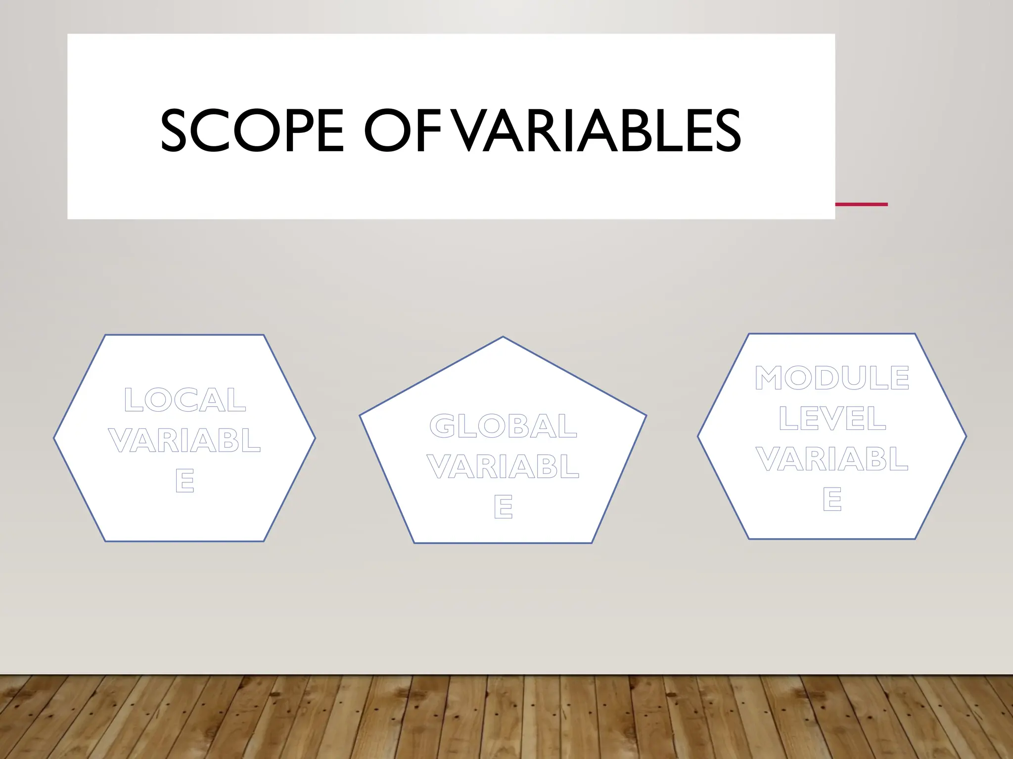 SCOPE OFVARIABLES
LOCAL
VARIABL
E
GLOBAL
VARIABL
E
MODULE
LEVEL
VARIABL
E
 