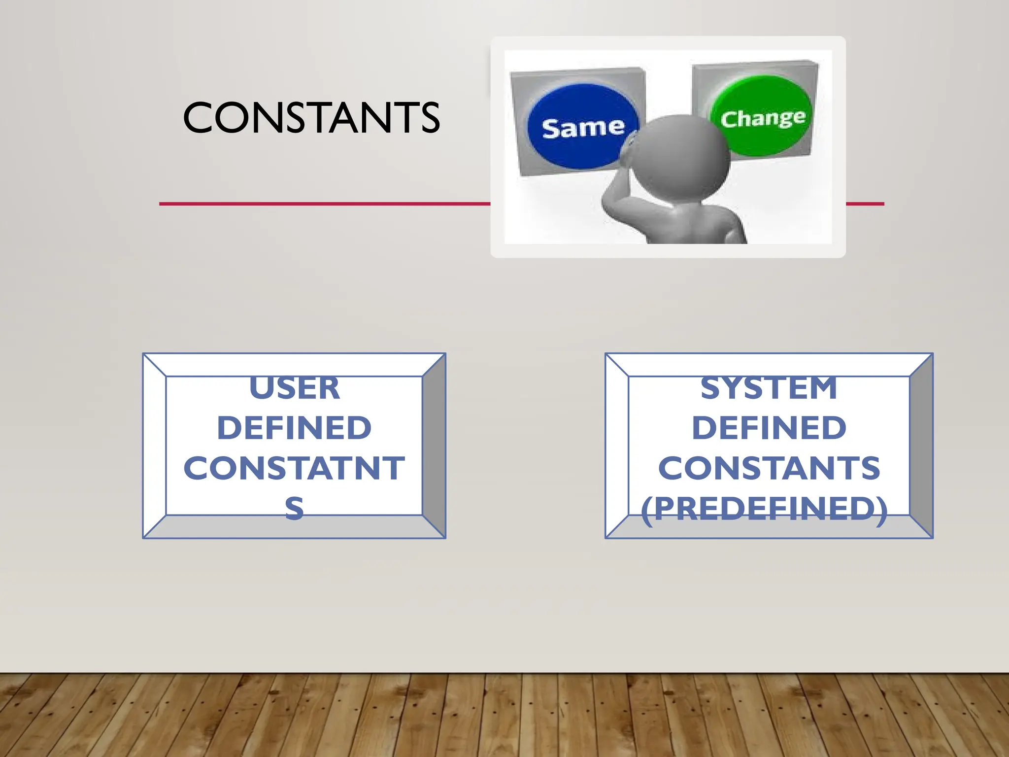 CONSTANTS
USER
DEFINED
CONSTATNT
S
SYSTEM
DEFINED
CONSTANTS
(PREDEFINED)
 
