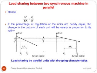 4/5/2022
Power System Operation and Control
16
 Hence
 If the percentage of regulation of the units are nearly equal, the
change in the outputs of each unit will be nearly in proportion to its
rating
Load sharing between two synchronous machine in
parallel
Load sharing by parallel units with drooping characteristics
 