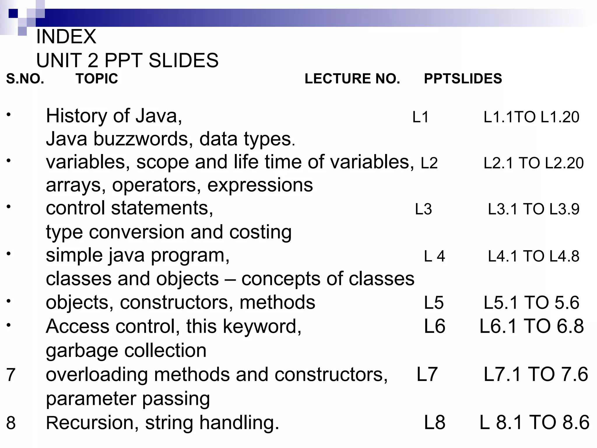 INDEX  UNIT 2 PPT SLIDES S.NO.  TOPIC  LECTURE NO.  PPTSLIDES History of Java,     L1 L1.1TO L1.20  Java buzzwords, data types .   variables, scope and life time of variables,  L2 L2.1 TO L2.20 arrays, operators, expressions control statements,    L3  L3.1 TO L3.9 type conversion and costing simple java program,  L 4  L4.1 TO L4.8 classes and objects – concepts of classes   objects, constructors, methods  L5 L5.1 TO 5.6 Access control, this keyword,  L6  L6.1 TO 6.8 garbage collection 7 overloading methods and constructors,  L7 L7.1 TO 7.6 parameter passing  8 R ecursion, string handling.  L8  L 8.1 TO 8.6 