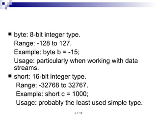 byte: 8-bit integer type. Range: -128 to 127. Example: byte b = -15; Usage: particularly when working with data streams. short: 16-bit integer type. Range: -32768 to 32767. Example: short c = 1000; Usage: probably the least used simple type. 