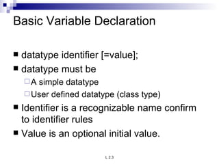 Basic Variable Declaration datatype identifier [=value]; datatype must be A simple datatype User defined datatype (class type) Identifier is a recognizable name confirm to identifier rules Value is an optional initial value. 