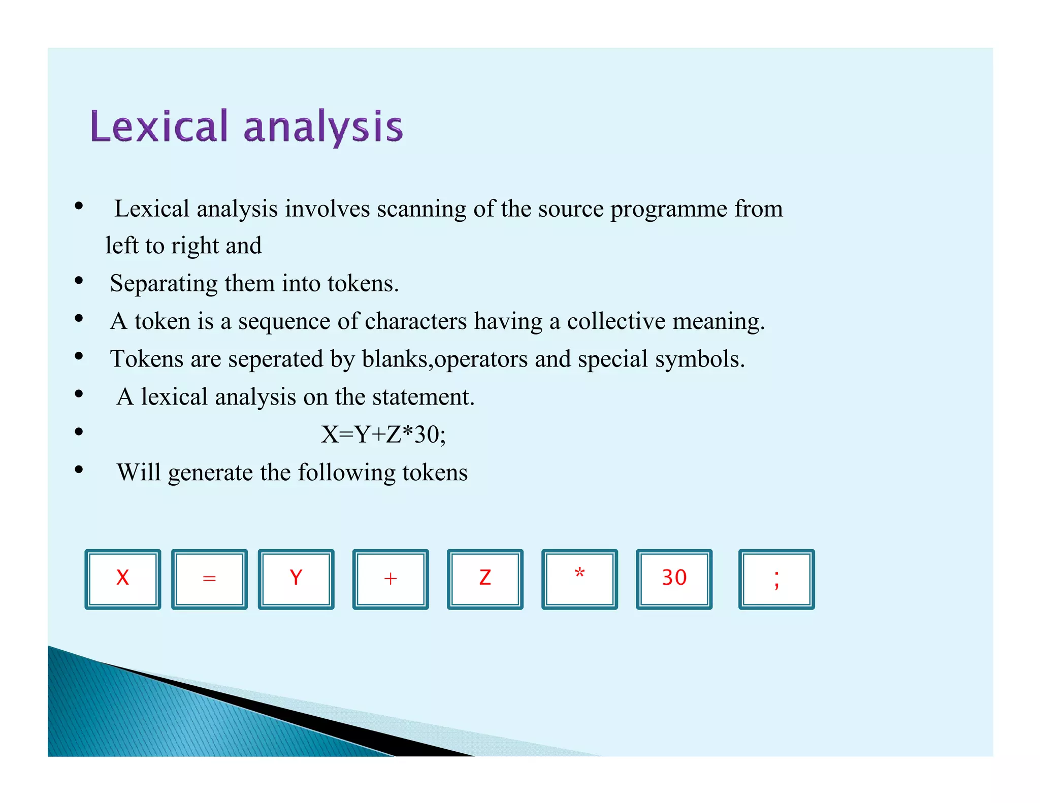 • Lexical analysis involves scanning of the source programme from
left to right and
• Separating them into tokens.
• A token is a sequence of characters having a collective meaning.
• Tokens are seperated by blanks,operators and special symbols.
• A lexical analysis on the statement.• A lexical analysis on the statement.
• X=Y+Z*30;
• Will generate the following tokens
X = ;30*Y + Z
 
