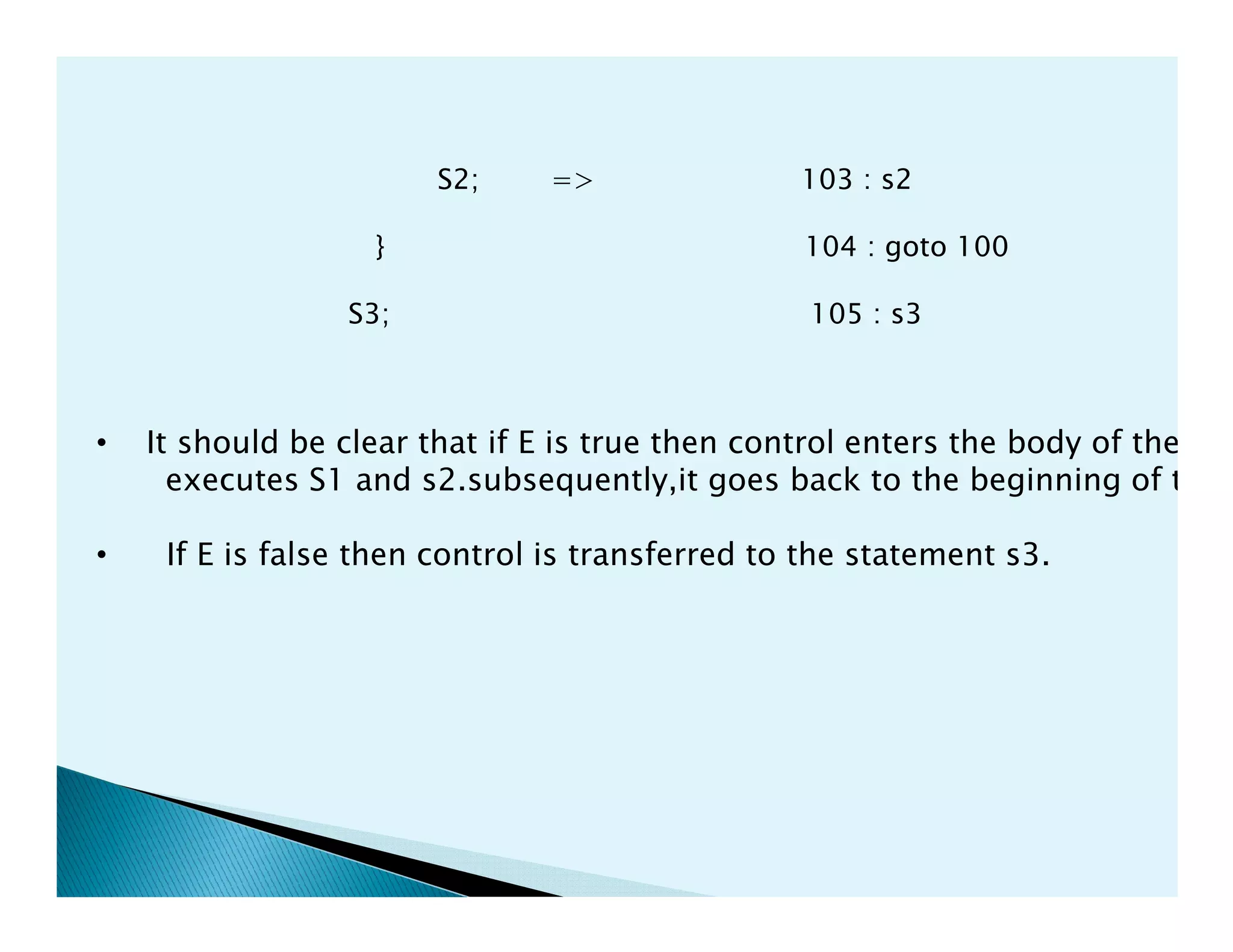 S2; => 103 : s2
} 104 : goto 100
S3; 105 : s3
• It should be clear that if E is true then control enters the body of the loo
executes S1 and s2.subsequently,it goes back to the beginning of the lexecutes S1 and s2.subsequently,it goes back to the beginning of the l
• If E is false then control is transferred to the statement s3.
 
