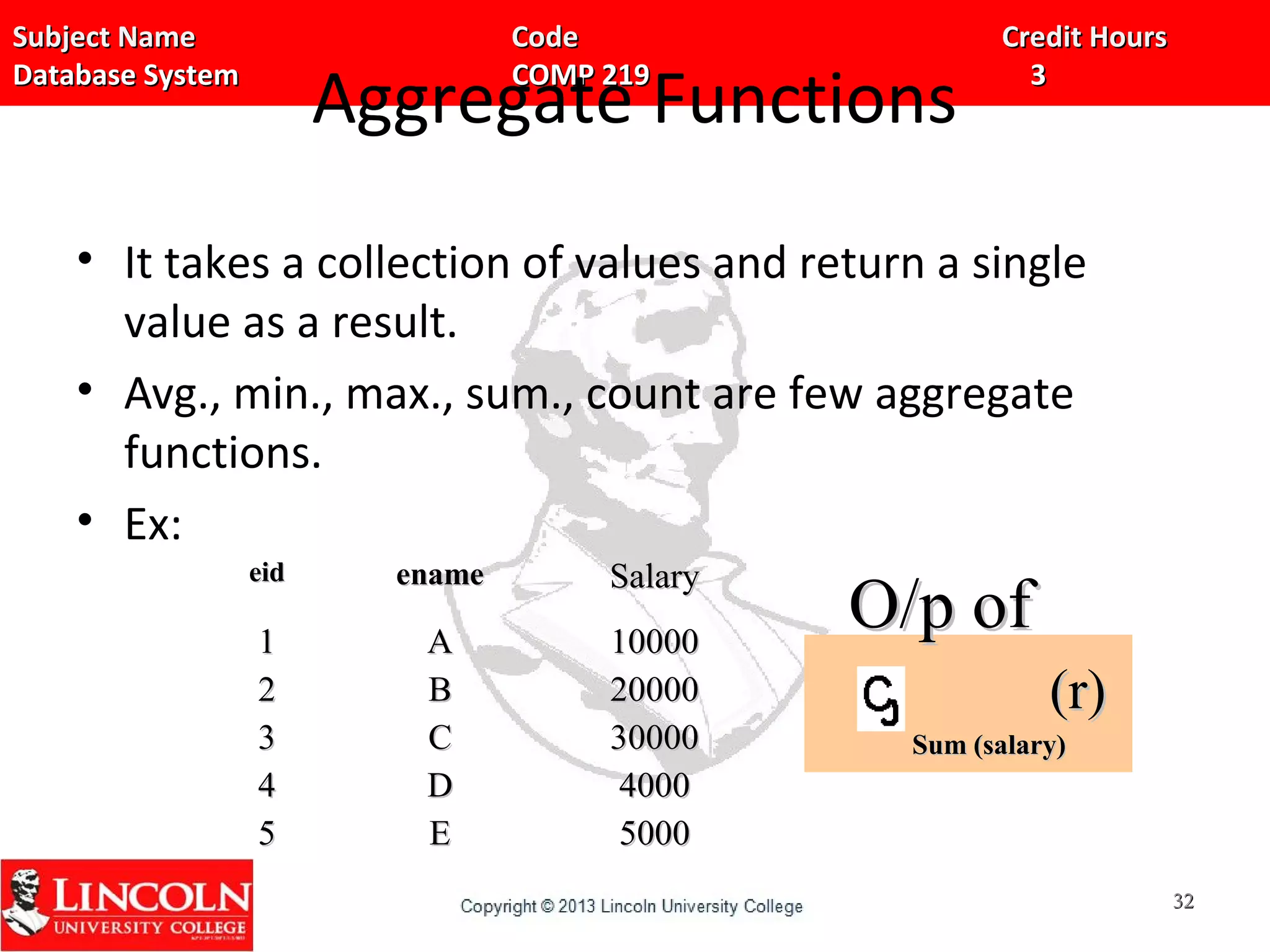 Subject Name Code Credit HoursSubject Name Code Credit Hours
Database System COMP 219 3Database System COMP 219 3
Aggregate Functions
• It takes a collection of values and return a single
value as a result.
• Avg., min., max., sum., count are few aggregate
functions.
• Ex:
eideid enameename SalarySalary
11
22
33
44
55
AA
BB
CC
DD
EE
1000010000
2000020000
3000030000
40004000
50005000
3232
O/p ofO/p of
Sum (salary)Sum (salary)
(r)(r)
 