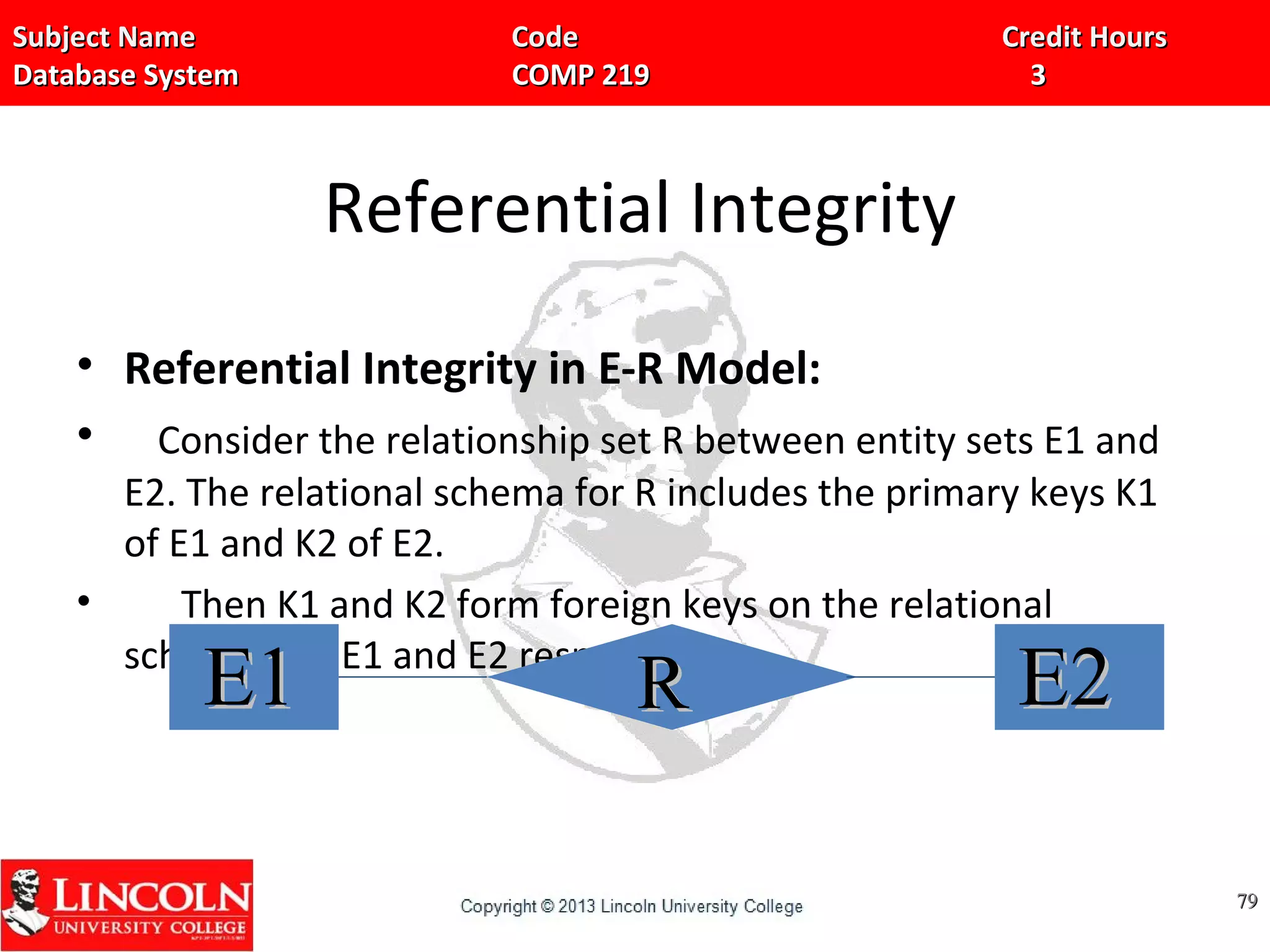 Subject Name Code Credit HoursSubject Name Code Credit Hours
Database System COMP 219 3Database System COMP 219 3
Referential Integrity
• Referential Integrity in E-R Model:
• Consider the relationship set R between entity sets E1 and
E2. The relational schema for R includes the primary keys K1
of E1 and K2 of E2.
• Then K1 and K2 form foreign keys on the relational
schemas for E1 and E2 respectively.
7979
E1E1 RR E2E2
 