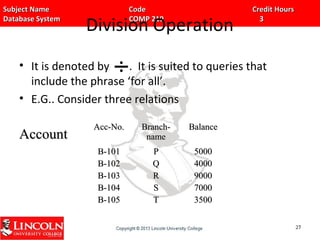 Subject Name Code Credit HoursSubject Name Code Credit Hours
Database System COMP 219 3Database System COMP 219 3
Division Operation
• It is denoted by . It is suited to queries that
include the phrase ‘for all’.
• E.G.. Consider three relations
Acc-No.Acc-No. Branch-Branch-
namename
BalanceBalance
B-101B-101
B-102B-102
B-103B-103
B-104B-104
B-105B-105
PP
QQ
RR
SS
TT
50005000
40004000
90009000
70007000
35003500
2727
AccountAccount
 