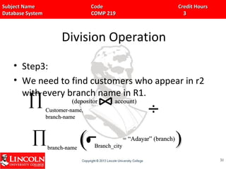 Subject Name Code Credit HoursSubject Name Code Credit Hours
Database System COMP 219 3Database System COMP 219 3
Division Operation
• Step3:
• We need to find customers who appear in r2
with every branch name in R1.
3131
∏ Customer-name,Customer-name,
branch-namebranch-name
(depositor account)(depositor account)
∏branch-namebranch-name Branch_cityBranch_city
= “Adayar” (branch)= “Adayar” (branch)
(( ))
 