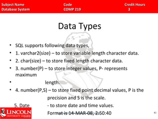 Subject Name Code Credit HoursSubject Name Code Credit Hours
Database System COMP 219 3Database System COMP 219 3
Data Types
• SQL supports following data types,
• 1. varchar2(size) – to store variable length character data.
• 2. char(size) – to store fixed length character data.
• 3. number(P) – to store integer values, P- represents
maximum
• length.
• 4. number(P,S) – to store fixed point decimal values, P is the
precision and S is the scale.
5. Date - to store date and time values.
Format is 14-MAR-08, 2:50:40 4141
 