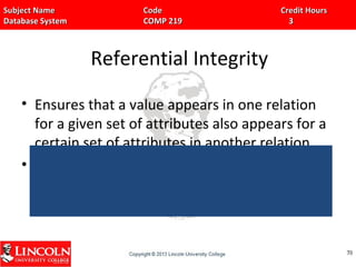 Subject Name Code Credit HoursSubject Name Code Credit Hours
Database System COMP 219 3Database System COMP 219 3
Referential Integrity
• Ensures that a value appears in one relation
for a given set of attributes also appears for a
certain set of attributes in another relation.
• For E.g… in the banking database,
• create table account(acc_no char(10), branch_name
char(15), balance number(10,2), primary
key(acc_no), foreign key(branch_name) references
branch, check(balance>=0));
7878
 