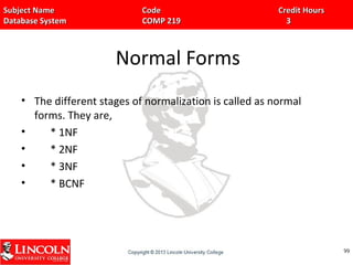 Subject Name Code Credit HoursSubject Name Code Credit Hours
Database System COMP 219 3Database System COMP 219 3
Normal Forms
• The different stages of normalization is called as normal
forms. They are,
• * 1NF
• * 2NF
• * 3NF
• * BCNF
9999
 