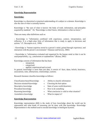 Unit- 2: AI Cognitive Science 
13 Jagdish Bhatta 
Knowledge Representation 
Knowledge: 
Knowledge is a theoretical or practical understanding of a subject or a domain. Knowledge is also the sum of what is currently known. 
Knowledge is ―the sum of what is known: the body of truth, information, and principles acquired by mankind.‖ Or, "Knowledge is what I know, Information is what we know." 
There are many other definitions such as: 
- Knowledge is "information combined with experience, context, interpretation, and reflection. It is a high-value form of information that is ready to apply to decisions and actions." (T. Davenport et al., 1998) 
- Knowledge is ―human expertise stored in a person‘s mind, gained through experience, and interaction with the person‘s environment." (Sunasee and Sewery, 2002) 
- Knowledge is ―information evaluated and organized by the human mind so that it can be used purposefully, e.g., conclusions or explanations." (Rousa, 2002) 
Knowledge consists of information that has been: 
– interpreted, 
– categorised, 
– applied, experienced and revised. 
In general, knowledge is more than just data, it consist of: facts, ideas, beliefs, heuristics, associations, rules, abstractions, relationships, customs. 
Research literature classifies knowledge as follows: 
Classification-based Knowledge 
» 
Ability to classify information 
Decision-oriented Knowledge 
» 
Choosing the best option 
Descriptive knowledge 
» 
State of some world (heuristic) 
Procedural knowledge 
» 
How to do something 
Reasoning knowledge 
» 
What conclusion is valid in what situation? 
Assimilative knowledge 
» 
What its impact is? 
Knowledge Representation 
Knowledge representation (KR) is the study of how knowledge about the world can be represented and what kinds of reasoning can be done with that knowledge. Knowledge Representation is the method used to encode knowledge in Intelligent Systems. 
Source: www.csitsansar.com 
 