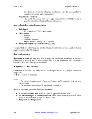 Unit- 2: AI Cognitive Science 
15 Jagdish Bhatta 
- the ability to direct the inferential mechanisms into the most productive directions by storing appropriate guides; 
Acquisitional Efficiency 
- the ability to acquire new knowledge using automatic methods wherever possible rather than reliance on human intervention. 
Approaches to Knowledge Representation 
• Rule-based 
– IF <condition> THEN <conclusion> 
• Object-based 
– Frames 
– Scripts 
– Semantic Networks 
– Object-Attribute-Value(O-A-V Triplets) 
• Example-based : Case-based Reasoning (CBR) 
These methods are interrelated and may be utilized in combination or individually within an expert system or other AI structure 
Rule based approach: 
Rule-based systems are used as a way to store and manipulate knowledge to interpret information in a useful way. In this approach, idea is to use production rules, sometimes called IF-THEN rules. The syntax structure is 
IF <premise> THEN <action> 
<premise> - is Boolean. The AND, and to a lesser degree OR and NOT, logical connectives are possible. 
<action> - a series of statements 
Notes: 
• The rule premise can consist of a series of clauses and is sometimes referred to as the antecedent 
• The actions are sometimes referred to as the consequent 
A typical rule-based system has four basic components: 
 A list of rules or rule base, which is a specific type of knowledge base. 
 An inference engine or semantic reasoner, which infers information or takes action based on the interaction of input and the rule base. 
 Temporary working memory. Source: www.csitsansar.com 
 