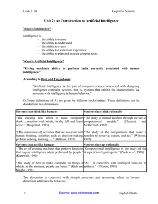 Unit- 2: AI Cognitive Science 
2 Jagdish Bhatta 
Unit 2: An Introduction to Artificial Intelligence 
What is intelligence? 
Intelligence is: 
– the ability to reason 
– the ability to understand 
– the ability to create 
– the ability to Learn from experience 
– the ability to plan and execute complex tasks 
What is Artificial Intelligence? 
"Giving machines ability to perform tasks normally associated with human intelligence." 
According to Barr and Feigenbaum: 
―Artificial Intelligence is the part of computer science concerned with designing intelligence computer systems, that is, systems that exhibit the characteristics we associate with intelligence in human behavior.‖ 
Different definitions of AI are given by different books/writers. These definitions can be divided into two dimensions. 
Systems that think like humans 
Systems that think rationally 
―The exciting new effort to make computers think…..machine with minds, in the full and literal sense.‖ (Haugeland, 1985) 
―[The automaton of] activities that we associate with human thinking, activities such as decision-making, problem solving, learning…..‖ (Bellman, 1978) 
―The study of mental faculties through the use of computational models.‖ (Charniak and McDermott, 1985) 
―The study of the computations that make it possible to perceive, reason, and act.‖ (Winston, 1992) 
Systems that act like humans 
Systems that act rationally 
― The art of creating machines that perform functions that require intelligence when performed by people.‖ (Kurzweil, 1990) 
―The study of how to make computer do things at which, at the moment, people are better.‖ (Rich and Knight, 1991) 
―Computational Intelligence is the study of the design of intelligent agents.‖ (Poole et al., 1998) 
―AI… is concerned with intelligent behavior in artifacts.‖ (Nilsson, 1998) 
Top dimension is concerned with thought processes and reasoning, where as bottom dimension addresses the behavior. Source: www.csitsansar.com 
 