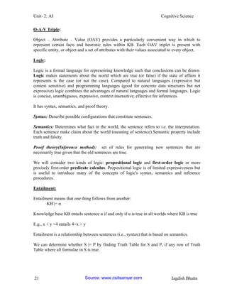 Unit- 2: AI Cognitive Science 
21 Jagdish Bhatta 
O-A-V Triple: 
Object – Attribute – Value (OAV) provides a particularly convenient way in which to represent certain facts and heuristic rules within KB. Each OAV triplet is present with specific entity, or object and a set of attributes with their values associated to every object. 
Logic: 
Logic is a formal language for representing knowledge such that conclusions can be drawn. Logic makes statements about the world which are true (or false) if the state of affairs it represents is the case (or not the case). Compared to natural languages (expressive but context sensitive) and programming languages (good for concrete data structures but not expressive) logic combines the advantages of natural languages and formal languages. Logic is concise, unambiguous, expressive, context insensitive, effective for inferences. 
It has syntax, semantics, and proof theory. 
Syntax: Describe possible configurations that constitute sentences. 
Semantics: Determines what fact in the world, the sentence refers to i.e. the interpretation. Each sentence make claim about the world (meaning of sentence).Semantic property include truth and falsity. 
Proof theory(Inference method): set of rules for generating new sentences that are necessarily true given that the old sentences are true. 
We will consider two kinds of logic: propositional logic and first-order logic or more precisely first-order predicate calculus. Propositional logic is of limited expressiveness but is useful to introduce many of the concepts of logic's syntax, semantics and inference procedures. 
Entailment: 
Entailment means that one thing follows from another: 
KB |= α 
Knowledge base KB entails sentence α if and only if α is true in all worlds where KB is true 
E.g., x + y =4 entails 4=x + y 
Entailment is a relationship between sentences (i.e., syntax) that is based on semantics. 
We can determine whether S |= P by finding Truth Table for S and P, if any row of Truth Table where all formulae in S is true. Source: www.csitsansar.com 
 