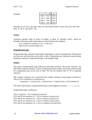 Unit- 2: AI Cognitive Science 
22 Jagdish Bhatta 
Example: 
Therefore {P, P→Q} |= Q. Here, only row where both P and P→Q are True, Q is also True. Here, S= (P, P→Q} and P= {Q}. 
Models 
Logicians typically think in terms of models, in place of ―possible world‖, which are formally structured worlds with respect to which truth can be evaluated. 
m is a model of a sentence  if  is true in m. 
M() is the set of all models of . 
Propositional Logic: 
Propositional logic represents knowledge/ information in terms of propositions. Prepositions are facts and non-facts that can be true or false. Propositions are expressed using ordinary declarative sentences. Propositional logic is the simplest logic. 
Syntax: 
The syntax of propositional logic defines the allowable sentences. The atomic sentences- the indivisible syntactic elements- consist of single proposition symbol. Each such symbol stands for a proposition that can be true or false. We use the symbols like P1, P2 to represent sentences. 
The complex sentences are constructed from simpler sentences using logical connectives. There are five connectives in common use: 
 (negation), ^ (conjunction),  (disjunction),  (implication),  (biconditional) 
The order of precedence in propositional logic is from (highest to lowest):  , ^ , , , . 
Propositional logic is defined as: 
If S is a sentence, S is a sentence (negation) 
If S1 and S2 are sentences, S1 ^ S2 is a sentence (conjunction) 
If S1 and S2 are sentences, S1  S2 is a sentence (disjunction) 
If S1 and S2 are sentences, S1  S2 is a sentence (implication) 
If S1 and S2 are sentences, S1  S2 is a sentence (biconditional) Source: www.csitsansar.com 
 