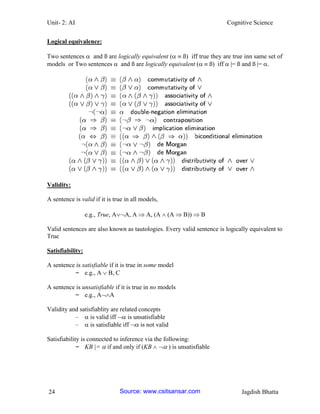 Unit- 2: AI Cognitive Science 
24 Jagdish Bhatta 
Logical equivalence: 
Two sentences  and ß are logically equivalent (  ß) iff true they are true inn same set of models or Two sentences  and ß are logically equivalent (  ß) iff  |= ß and ß |= . 
Validity: 
A sentence is valid if it is true in all models, 
e.g., True, AA, A  A, (A  (A  B))  B 
Valid sentences are also known as tautologies. Every valid sentence is logically equivalent to True 
Satisfiability: 
A sentence is satisfiable if it is true in some model 
– e.g., A  B, C 
A sentence is unsatisfiable if it is true in no models 
– e.g., AA 
Validity and satisfiablity are related concepts 
–  is valid iff  is unsatisfiable 
–  is satisfiable iff  is not valid 
Satisfiability is connected to inference via the following: 
– KB |=  if and only if (KB   ) is unsatisfiable Source: www.csitsansar.com 
 
