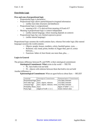 Unit- 2: AI Cognitive Science 
32 Jagdish Bhatta 
First-Order Logic 
Pros and cons of propositional logic 
- Propositional logic is declarative 
- Propositional logic allows partial/disjunctive/negated information 
o (unlike most data structures and databases) 
- Propositional logic is compositional: 
o meaning of B  P is derived from meaning of B and of P 
- Meaning in propositional logic is context-independent 
o (unlike natural language, where meaning depends on context) 
- Propositional logic has very limited expressive power 
o (unlike natural language) 
Propositional logic assumes the world contains facts, whereas first-order logic (like natural language) assumes the world contains: 
– Objects: people, houses, numbers, colors, baseball games, wars, … 
– Relations: red, round, prime, brother of, bigger than, part of, comes between,… 
– Functions: father of, best friend, one more than, plus, … 
Logics in General 
The primary difference between PL and FOPL is their ontological commitment: 
Ontological Commitment: What exists in the world — TRUTH 
– PL: facts hold or do not hold. 
– FL : objects with relations between them that hold or do not hold 
Another difference is: 
Epistemological Commitment: What an agent believes about facts — BELIEF Source: www.csitsansar.com 
 