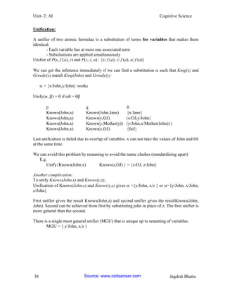 Unit- 2: AI Cognitive Science 
38 Jagdish Bhatta 
Unification: 
A unifier of two atomic formulae is a substitution of terms for variables that makes them identical. 
- Each variable has at most one associated term 
- Substitutions are applied simultaneously 
Unifier of P(x, f (a), z) and P(z, z, u) : {x/ f (a), z/ f (a), u/ f (a)} 
We can get the inference immediately if we can find a substitution  such that King(x) and Greedy(x) match King(John) and Greedy(y) 
 = {x/John,y/John} works 
Unify( ,) =  if  =  
p q  
Knows(John,x) Knows(John,Jane) {x/Jane} 
Knows(John,x) Knows(y,OJ) {x/OJ,y/John} 
Knows(John,x) Knows(y,Mother(y)) {y/John,x/Mother(John)}} 
Knows(John,x) Knows(x,OJ) {fail} 
Last unification is failed due to overlap of variables. x can not take the values of John and OJ at the same time. 
We can avoid this problem by renaming to avoid the name clashes (standardizing apart) 
E.g. 
Unify{Knows(John,x) Knows(z,OJ) } = {x/OJ, z/John} 
Another complication: 
To unify Knows(John,x) and Knows(y,z), 
Unification of Knows(John,x) and Knows(y,z) gives  ={y/John, x/z } or ={y/John, x/John, z/John} 
First unifier gives the result Knows(John,z) and second unifier gives the resultKnows(John, John). Second can be achieved from first by substituting john in place of z. The first unifier is more general than the second. 
There is a single most general unifier (MGU) that is unique up to renaming of variables. 
MGU = { y/John, x/z } Source: www.csitsansar.com 
 