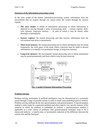 Unit- 2: AI Cognitive Science 
43 Jagdish Bhatta 
Structure of the information-processing system 
In the store model of the human information-processing system, information from the environment that we acquire through our senses enters the system through the sensory register. 
 The store model: A model of information processing in which information is depicted as moving through a series of processing units — sensory register, short- term memory, long-term memory — in each of which it may be stored, either fleetingly or permanently. 
 Sensory register: the mental processing unit that receives information from the environment and stores it momentarily. 
 Short-term memory: the mental processing unit in which information may be stored temporarily; the work space of the mind, where a decision must be made to discard information or to transfer it to permanent storage, in long-term memory. 
 Long-term memory: the encyclopedic mental processing unit in which information may be stored permanently and from which it may be later retrieved. 
Fig: A model of human Information Processing 
Problem Solving: 
Problem solving, particularly in artificial intelligence, may be characterized as a systematic search through a range of possible actions in order to reach some predefined goal or solution. Problem-solving methods divide into special purpose and general purpose. A special-purpose method is tailor-made for a particular problem and often exploits very specific features of the situation in which the problem is embedded. In contrast, a general-purpose method is applicable to a wide variety of problems. One general-purpose technique used in AI is means-end analysis—a step-by-step, or incremental, reduction of the difference between the current state and the final goal. 
Source: www.csitsansar.com 
 