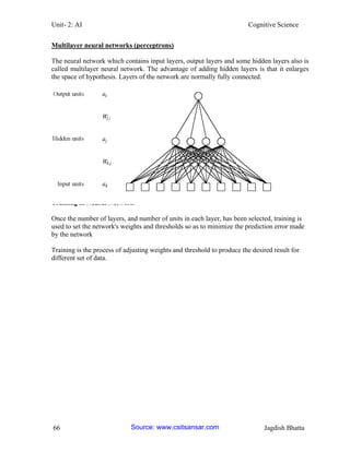 Unit- 2: AI Cognitive Science 
66 Jagdish Bhatta 
Multilayer neural networks (perceptrons) 
The neural network which contains input layers, output layers and some hidden layers also is called multilayer neural network. The advantage of adding hidden layers is that it enlarges the space of hypothesis. Layers of the network are normally fully connected. 
Training in Neural Network 
Once the number of layers, and number of units in each layer, has been selected, training is used to set the network's weights and thresholds so as to minimize the prediction error made by the network 
Training is the process of adjusting weights and threshold to produce the desired result for different set of data. 
Source: www.csitsansar.com 
