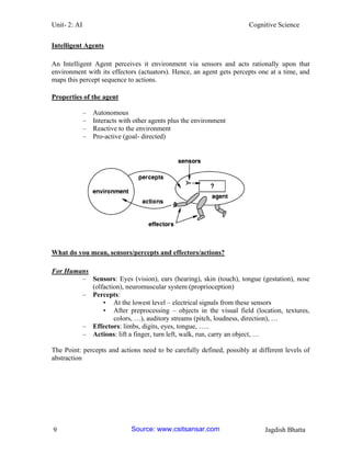 Unit- 2: AI Cognitive Science 
9 Jagdish Bhatta 
Intelligent Agents 
An Intelligent Agent perceives it environment via sensors and acts rationally upon that environment with its effectors (actuators). Hence, an agent gets percepts one at a time, and maps this percept sequence to actions. 
Properties of the agent 
– Autonomous 
– Interacts with other agents plus the environment 
– Reactive to the environment 
– Pro-active (goal- directed) 
What do you mean, sensors/percepts and effectors/actions? 
For Humans 
– Sensors: Eyes (vision), ears (hearing), skin (touch), tongue (gestation), nose (olfaction), neuromuscular system (proprioception) 
– Percepts: 
• At the lowest level – electrical signals from these sensors 
• After preprocessing – objects in the visual field (location, textures, colors, …), auditory streams (pitch, loudness, direction), … 
– Effectors: limbs, digits, eyes, tongue, ….. 
– Actions: lift a finger, turn left, walk, run, carry an object, … 
The Point: percepts and actions need to be carefully defined, possibly at different levels of abstraction 
Source: www.csitsansar.com 
 