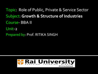 Topic: Role of Public, Private & Service Sector
Subject: Growth & Structure of Industries
Course- BBA II
Unit-2
Prepared by: Prof. RITIKA SINGH
 