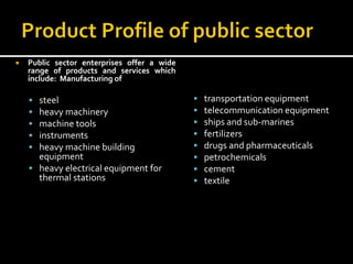  Public sector enterprises offer a wide
range of products and services which
include: Manufacturing of
 steel
 heavy machinery
 machine tools
 instruments
 heavy machine building
equipment
 heavy electrical equipment for
thermal stations
 transportation equipment
 telecommunication equipment
 ships and sub-marines
 fertilizers
 drugs and pharmaceuticals
 petrochemicals
 cement
 textile
 