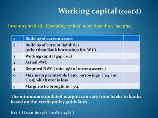 Working capital (cont’d)
Inventory method (Operating cycle of more than three months )
1 Build up of current assets
2 Build up of current liabilities
(other than Bank borrowings for W C)
3 Working capital gap ( 1-2)
4 Actual NWC
5 Required NWC ( min 15% of current assets )
6 Maximum permissible bank borrowings ( 3-4 ) or
( 3-5) which ever is less
7 Margin to be brought in ( 5-4)
The minimum stipulated margins can vary from banks to banks
based on the credit policy guidelines
Ex; ( It can be 15% / 20% / 25% )
 