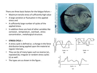 There are three basic factors for the fatigue failure :-
• Maximum tensile stress of sufficiently high value
• A large variation or fluctuation in the applied
stress and
• A sufficiently large number of cycles of the
applied stress.
• In addition there are host of other variables like
corrosion , temperature , overload , stress
concentration , metallurgical structure.
• STRESS CYCLE :-
• A stress cycle is defined as a change in the force
distribution being applied upon the material at
regular intervals .
• They can be of many types such as reverse (a) ,
repeated (b), irregular or random stress cycles
(c) as well .
• The types are as shown in the figure .
 
