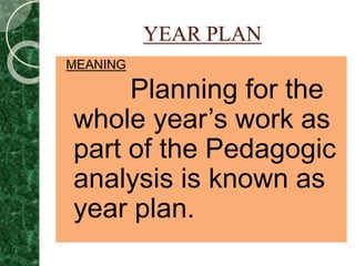 YEAR PLAN
MEANING
Planning for the
whole year’s work as
part of the Pedagogic
analysis is known as
year plan.
 
