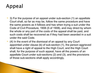  3) For the purpose of an appeal under sub-section (1) an appellate
Court shall, so far as may be, follow the same procedure and have
the same powers as it follows and has when trying a suit under the
Code of Civil Procedure, 1908 (5 of 1908), and may direct by whom
the whole or any part of the costs of the appeal shall be paid, and
such costs shall be recovered as if they had been awarded in a suit
under the said Code.
 (4) In the event of the dismissal of an appeal by any Court
appointed under clause (b) of sub-section (1), the person aggrieved
shall have a right of appeal to the High Court, and the High Court
shall, for the purpose of such appeal, have all the powers of an
appellate Court under sub-sections (2) and (3), and the provisions
of those sub-sections shall apply accordingly.
 