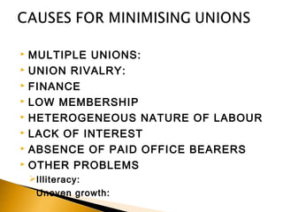  MULTIPLE UNIONS: 
 UNION RIVALRY: 
 FINANCE
 LOW MEMBERSHIP
 HETEROGENEOUS NATURE OF LABOUR
 LACK OF INTEREST
 ABSENCE OF PAID OFFICE BEARERS
 OTHER PROBLEMS
Illiteracy:
Uneven growth: 
 