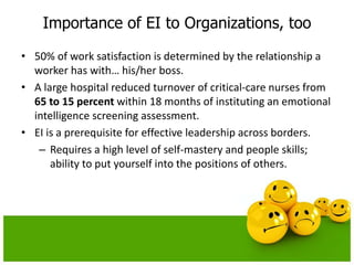Importance of EI to Organizations, too
• 50% of work satisfaction is determined by the relationship a
worker has with… his/her boss.
• A large hospital reduced turnover of critical-care nurses from
65 to 15 percent within 18 months of instituting an emotional
intelligence screening assessment.
• EI is a prerequisite for effective leadership across borders.
– Requires a high level of self-mastery and people skills;
ability to put yourself into the positions of others.
 