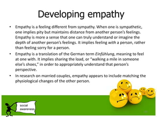 Developing empathy
• Empathy is a feeling different from sympathy. When one is sympathetic,
one implies pity but maintains distance from another person’s feelings.
Empathy is more a sense that one can truly understand or imagine the
depth of another person’s feelings. It implies feeling with a person, rather
than feeling sorry for a person.
• Empathy is a translation of the German term Einfühlung, meaning to feel
at one with. It implies sharing the load, or “walking a mile in someone
else’s shoes,” in order to appropriately understand that person’s
perspective.
• In research on married couples, empathy appears to include matching the
physiological changes of the other person.
132
social
awareness
 