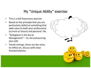 My “Unique Ability” exercise
• This is a Self Awareness exercise
• Based on the principle that you are
particularly skilled at something that
adds value to both your professional
(current or future) and personal life.
• “Delegation is the key to
Management” – its not outsourcing
your job!
• Trends emerge, these are the areas
to reflect on, discuss with close
friends/relatives.
141
 