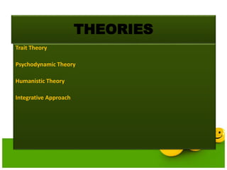 THEORIES
Trait Theory
Psychodynamic Theory
Humanistic Theory
Integrative Approach
 