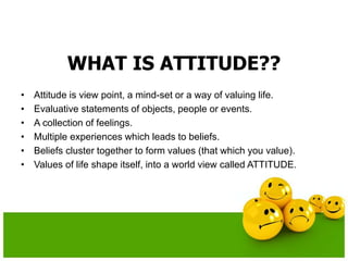 WHAT IS ATTITUDE??
• Attitude is view point, a mind-set or a way of valuing life.
• Evaluative statements of objects, people or events.
• A collection of feelings.
• Multiple experiences which leads to beliefs.
• Beliefs cluster together to form values (that which you value).
• Values of life shape itself, into a world view called ATTITUDE.
 