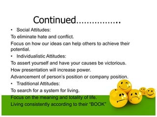 Continued……………..
• Social Attitudes:
To eliminate hate and conflict.
Focus on how our ideas can help others to achieve their
potential.
• Individualistic Attitudes:
To assert yourself and have your causes be victorious.
How presentation will increase power.
Advancement of person’s position or company position.
• Traditional Attitudes:
To search for a system for living.
Focus on the meaning and totality of life.
Living consistently according to their “BOOK”
 